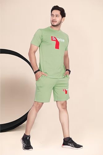 Image of HOODMASTER Men's Cotton Night Suit Set of Top & Knee Length Shorts with Round Neck Half Sleeves Solid Pattern Regular Fit and Standard Length | Mens Cotton Night Suit | T-Shirt and Shorts Sets