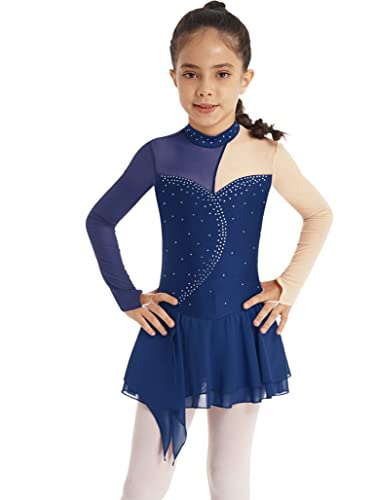 Tssoe Girls Long Sleeves Sequins Mesh Patchwork Gymnastics Ballet Dance Dress Figure Ice Skating Dress E03 10 Years #TOP1