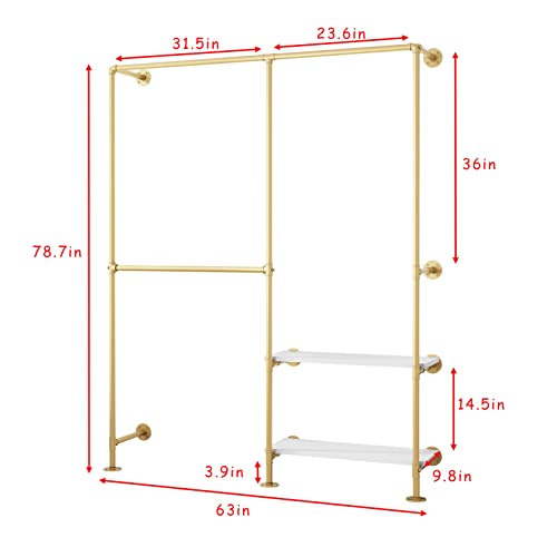IronJiaZu Gold Pipe Clothes Racks with White Shelves, Industrial Pipe Gold Clothing Rack with Double Hanging Rods, Heavy Duty Wall Mounted Clothing Rack Rod for Closet Storage, Bedroom