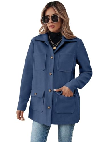 Chic Blue Womens Casual Coat for Fall & Winter, Front Button with Pockets, Small Size