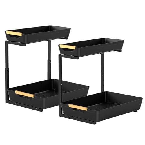 2 Pack Under Sink Organizer,2 Tier Pull Out Adjustable Height Under Cabinet Storage,Under Sink Storage for Kitchen Bathroom Cabinet