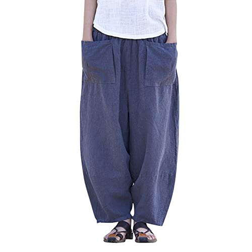 Women Vintage Cotton Linen Pant Casual Solid Colours Harem Pant Summer Lightweight Trousers with Pockets (Dark Blue, M)