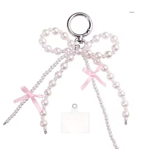 Image of Phone Charm with Beaded Chain | Acrylic Phone Strap for Mobile Keys & Bags | Decorative Wrist Strap | Lanyard Charms | Keychain Accessory for Women Girls (Pink-Bow-Pearl)