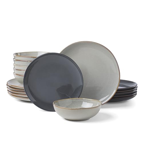 Image of Oneida Dinnerware Set, Organic Shades Gray 18-Piece Dinnerware Set, Service For 6, Stoneware Material, Dishwasher And Microwave Safe, Bowls, Plates And Bowls, Dinner Dishes, Plates (Gray, 18 Piece)