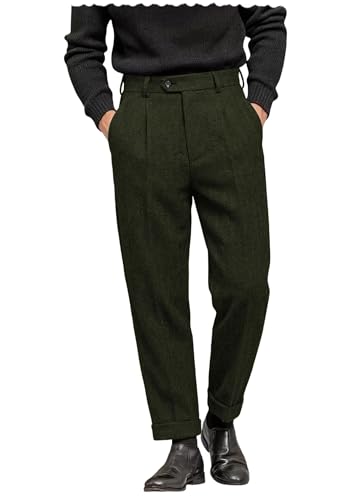 AeoTeokey Men's Suit Pant Herringbone Tweed Dress Vintage Trousers Casual Thick Wool Pleated Front (Army Green, 32W x 32L)