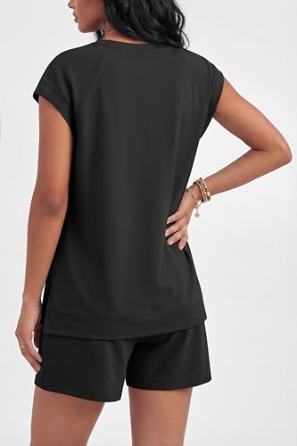 Image of Ekouaer Cotton Two Piece Sets for Women Summer Short Set Crew Neck Matching Sets Cap Sleeve Vacation Outfits With Pocket