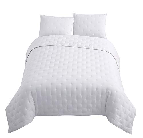 Chezmoi Collection Milo 3-Piece Soft Cooling Bamboo Fiber Cross-Stitch Quilted Coverlet Set (King, White) #TOP4