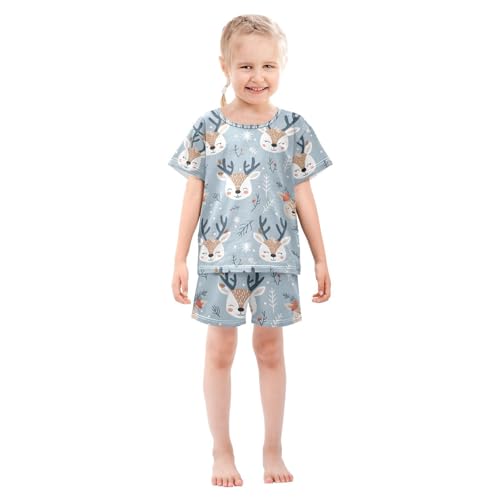 ALAZA Deer Cute Leaves Pajamas Set Short Sleeve Cotton Sleepwear Summer Pjs 2 Piece 5-14Y3