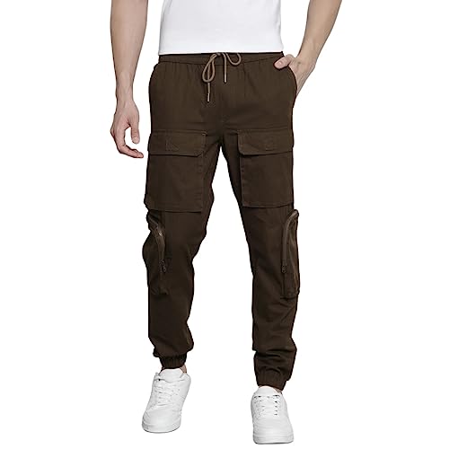 Image of The Indian Garage Co Men Regular Fit Solid Mid-Rise Elasticated Cuffed Cargo Joggers