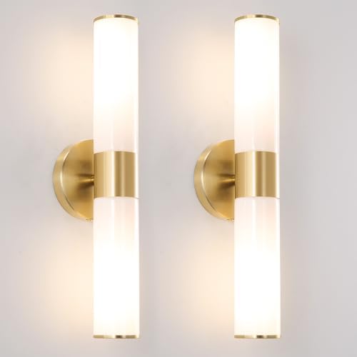 Brushed Gold Wall Sconces Set of 2 (Hardwired Only), Bathroom Vanity Light Fixtures, Modern Mikly White Glass Wall Lights for Mirror 28-40 inch Height, NOT Battery Operated, E26 Base (Without bulb)