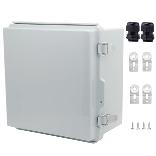 IP67 Waterproof Junction Box, ABS Plastic Electrical Enclosure with Stainless Steel Latch, Hinged Cover Electric Box with Mounting Plate, Wall Brackets &amp; Cable Glands 210x210x130