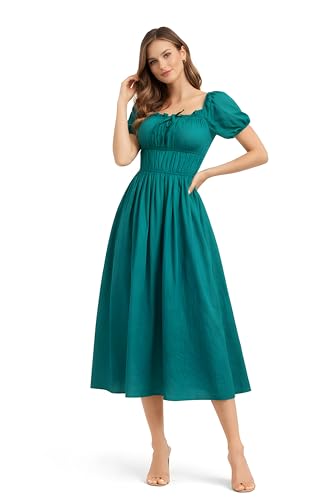 Image of BOOSTY Women's Puff Sleeve Smocked Midi Dress, Square Neck A-Line Dress