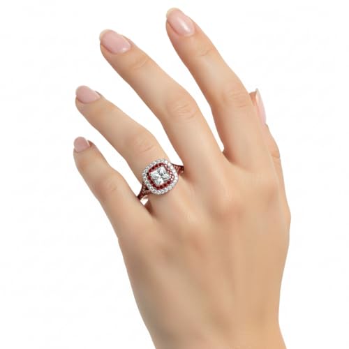 Image of Choose Your Gemstone Delicate Double Halo Diamond CZ Ring Rose Gold Plated Princess Shape Halo Engagement Rings Matching Jewelry Wedding Jewelry Easy to Wear Gifts US Size 4 to 12