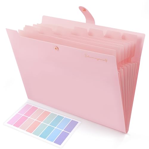 SKYDUE Expanding File Folder, Accordion File Organizer with 8 Pockets, Expandable Document Paper Receipt Holder for School Office Hospital, Letter/A4 Size Pink