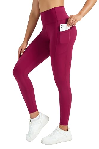 Enjoyoga Sport Leggings Damen mit Tasche - High Waist Sporthose Damen Gym Leggings Laufhose für Sport Gym Yoga (DE/NL/SE/PL, Alphanumerisch, Einheitsgröße, Regular, Regular, S-M, Beeren Rot)