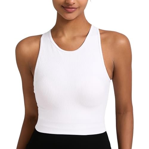 RUNNING GIRL Sports Bras for Women High Impact Seamless Ribbed Longline High Neck Workout Crop Tank Tops Padded A-white Small