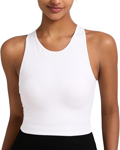 Image of RUNNING GIRL Sports Bras for Women High Impact Seamless Ribbed Longline High Neck Workout Crop Tank Tops(BX3067White,S)