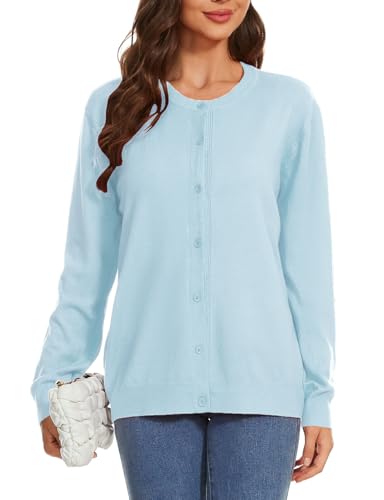 Image of Womens Cardigan Sweaters Basic Button Down Casual Dressy Classic Crewneck Long Sleeve Spring Outfits (S-2XL)