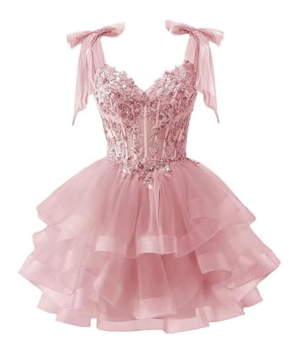 Glitter Tiered Tulle Homecoming Dress with Bow Puffy Lace Spaghetti Straps Applique Beaded Short Cocktail Gowns