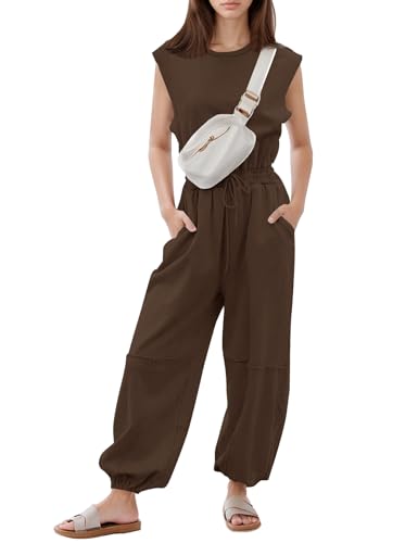 Flygo Womens Casual Jumpsuit Crewneck Cap Sleeve Long Wide Leg