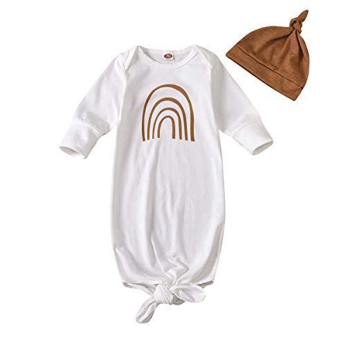 LXXIASHI Newborn Baby Cotton Sleeping Robe + Hat Nightgowns Sleepwear Romper Sleep Gowns Sets (Rainbow - Brown, 0-6 Months)
