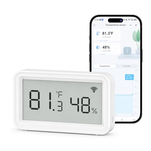 eMylo Smart WiFi Thermometer Hygrometer Indoor Wireless Temperature Humidity Sensor with Electronic Display App Notification Alert Free Data Storage Export Digital Remote Monitor for Home Room (1)