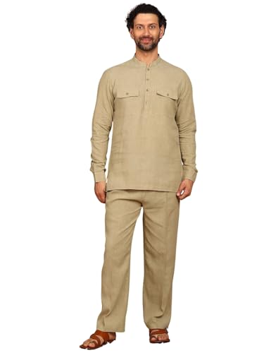 Image of See Designs Men's Full Sleeve Mandarin Collar Linen Solid Pathani Set