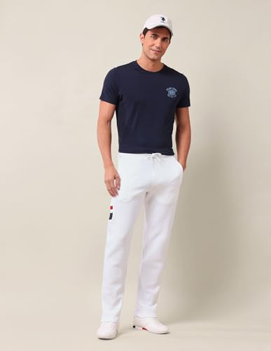 Image of U.S. Polo Assn. Men's White Solid Mid Rise Cotton Drawstring Slim Fit Flat Front Slit Pocket Track Pants