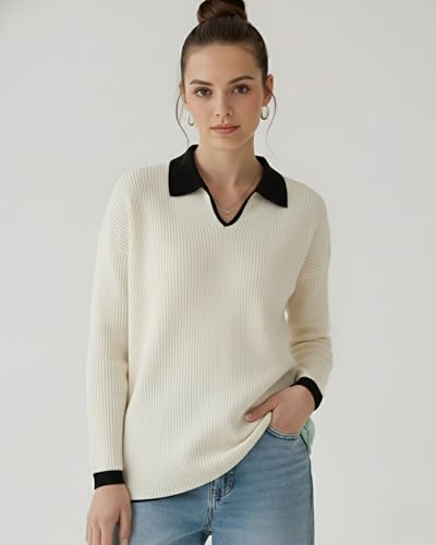 Image of Women's Slim-Fit V-Neck Top with Contrast Collar - High Elasticity Versatile Outfits, Everyday Fashion