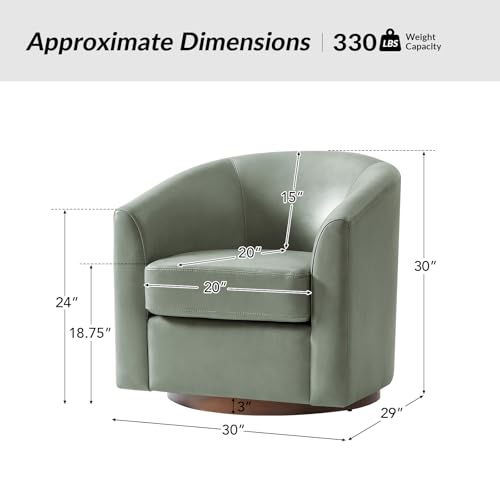 Image of HULALA HOME Genuine Leather Swivel Barrel Chairs Set of 2, Round Swivel Accent Chairs with Solid Wood Base, Leather Barrel Accent Chair for Living Room, No Assembly Required, Sage