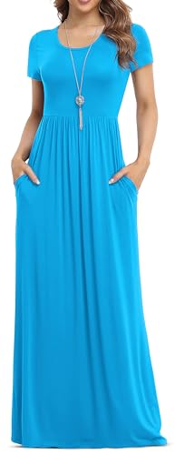 VIISHOW Women's Short Sleeve Loose Plain Maxi Dresses Plus Size Casual Long Dresses with Pockets (3X-Large, Nile Blue)