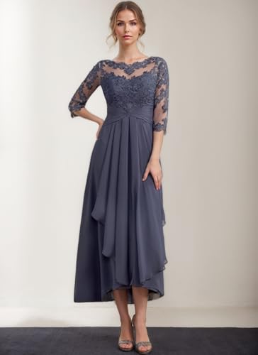 Tea Length Mother of The Bride Dresses for Women 3/4 Sleeve Formal Ruffled Chiffon Lace Appliques Wedding Guest Dress4