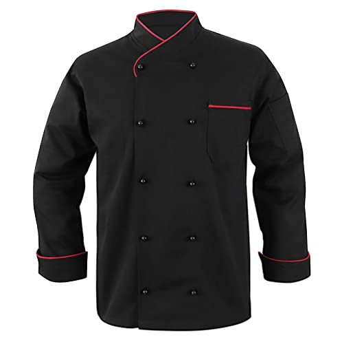 10oz apparel Black Chef Coat Contrast Piping Long Sleeves Jacket (Black/Red Piping, S)