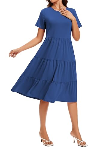 Image of Womens Summer Short Sleeve Crew Neck Midi Dress 2026 Casual Fit Flowy Tiered Beach Vacation Sundress with Pockets