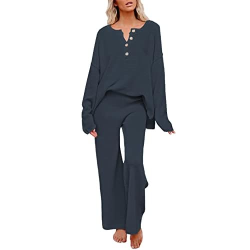 Pink Queen Women's 2 Piece Outfit Set Long Sleeve Button Pullover Sweater Top and Wide Leg Pants Knit Sweatsuit Dark Blue Large