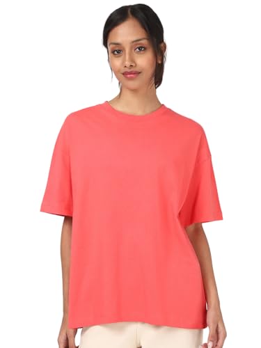 Image of Bewakoof Women's Solid Oversized Fit Half Sleeve Round Neck Cotton Jersey T-Shirt