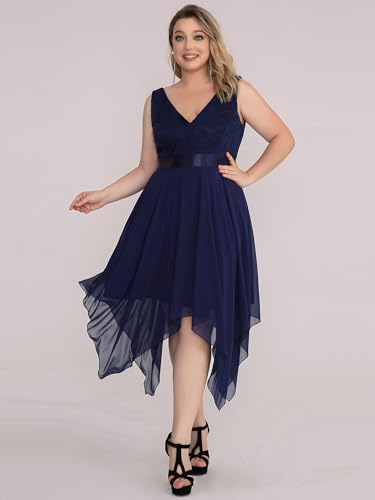 Image of Ever-Pretty Plus Women's V Neck Sleeveless Asymmetric Hem Lace Chiffon Short Summer Plus Size Wedding Guest Dresses Navy Blue US20