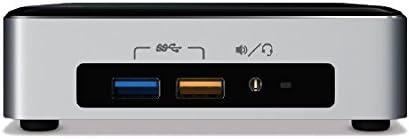 Фронт view of the Intel NUC Kit NUC6i5SYK showing two USB 3.0 ports and a headphone jack.