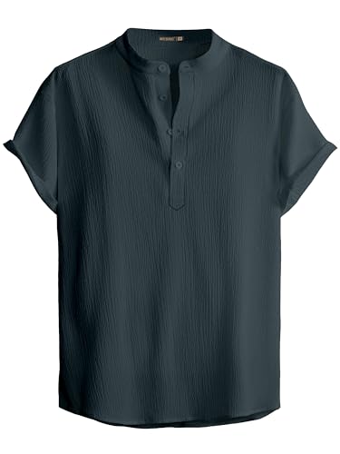 Image of Men Shirt | Black Solid Textured Casual | Regular Fit | Short Sleeve | Mandarin /Chinese Collar | Cotton Fabric | Stylish Office Summer Wear Shirt for Men