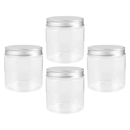 CANIGHT Frascos de Plástico Transparente Tapa de Aluminio Plateado, Set de 4 Tarros de 250 Ml, Sellado a Prueba de Fugas, para Especias, Líquidos y Cosméticos, Uso Doméstico y Cocina