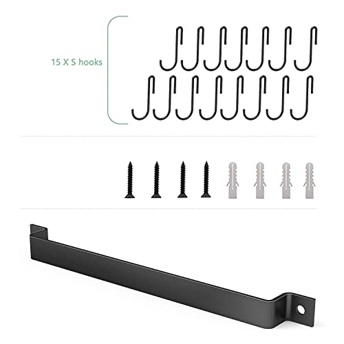 Image of Wall Mounted Kitchen Rail for Utensils - 17 Inch Black Iron Hanging Rack with 15 S-Shape Hooks | Heavy Duty Pot, Pan, Tawa & Spatula Organizer | Space-Saving Cookware Storage Bar for Kitchen