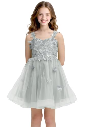 Tulle Short Flower Girl Dresses 3D Butterfly Homecoming Dresses for Teens Lace Applique Formal Dress for Girls