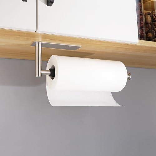 Image of Paper Towel Holder Under Cabinet, Single Hand Operable Paper Towel Roll Holder with Damping Effect, Self-Adhesive or Drilled Stainless Steel Paper Towel Holder for Kitchen Bathroom RV