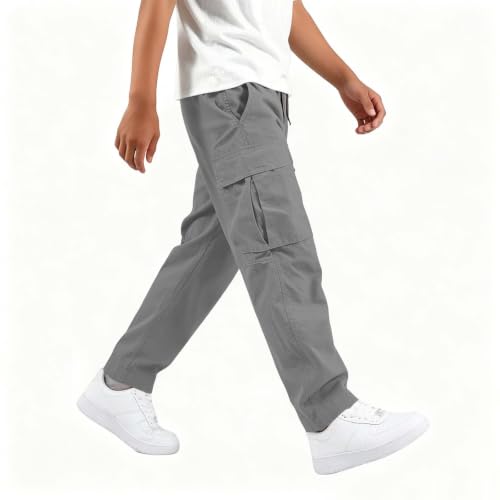 VBTAPA Cargo Pants Boys Cargo Pants Casual Drawstring Straight Loose Leg Jogger Trousers Baggy Elastic Waist Hiking Pant with Pocket 2026 Gray 5-6 Years - image 3