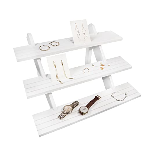 NAJMECHOY Retail Display Riser Earring & Ring Holder Brown Wood Stand Storage Shelf Rack Jewelry Rack Desktop Display Cup Rack Simple Frame White (3-Tier)