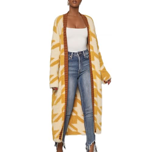 chouyatou Women’s Furry Warm Color Block Houndstooth Printed Open Front Cardigan Knit Long Sweater Coat