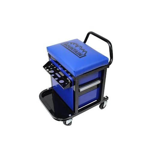 Mountain 1684 Mechanics Creeper Seat with Tool Storage for Garages, Repair Shops, and DIY, Padded Seat, 300 lbs. Capacity, 2 Slider Drawer, Tubular Steel Frame, (4) 2.5" Swivel Casters, Black/Blue
