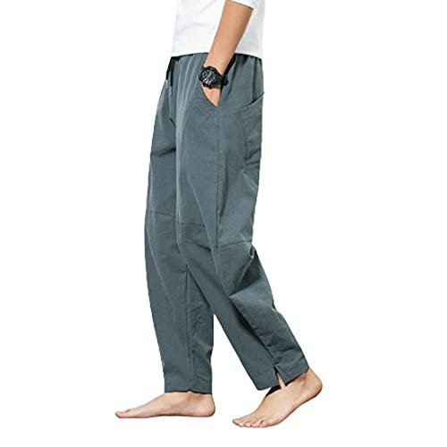 Utcoco Men's Casual Relaxed Fit Linen Cotton Mid Waisted Drawstring Solid Loose Harem Beach Pants (Large, Gray Blue) #TOP2
