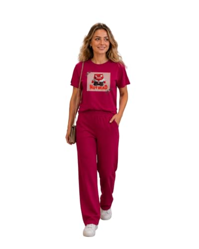 Image of ELVIA Women's Pure Cotton Top and Pyjama Co-Ord Set | Hot Head Graphic Printed Night Suit | Regular Fit Half Sleeve Round Neck T-Shirt with Pajama Loungewear Sleepwear Set for Women