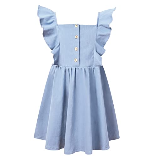 Qpancy Girls Light Blue Denim Dress Ruffle Sleeve Square Neck Casual Dress Size 8 9 #TOP13